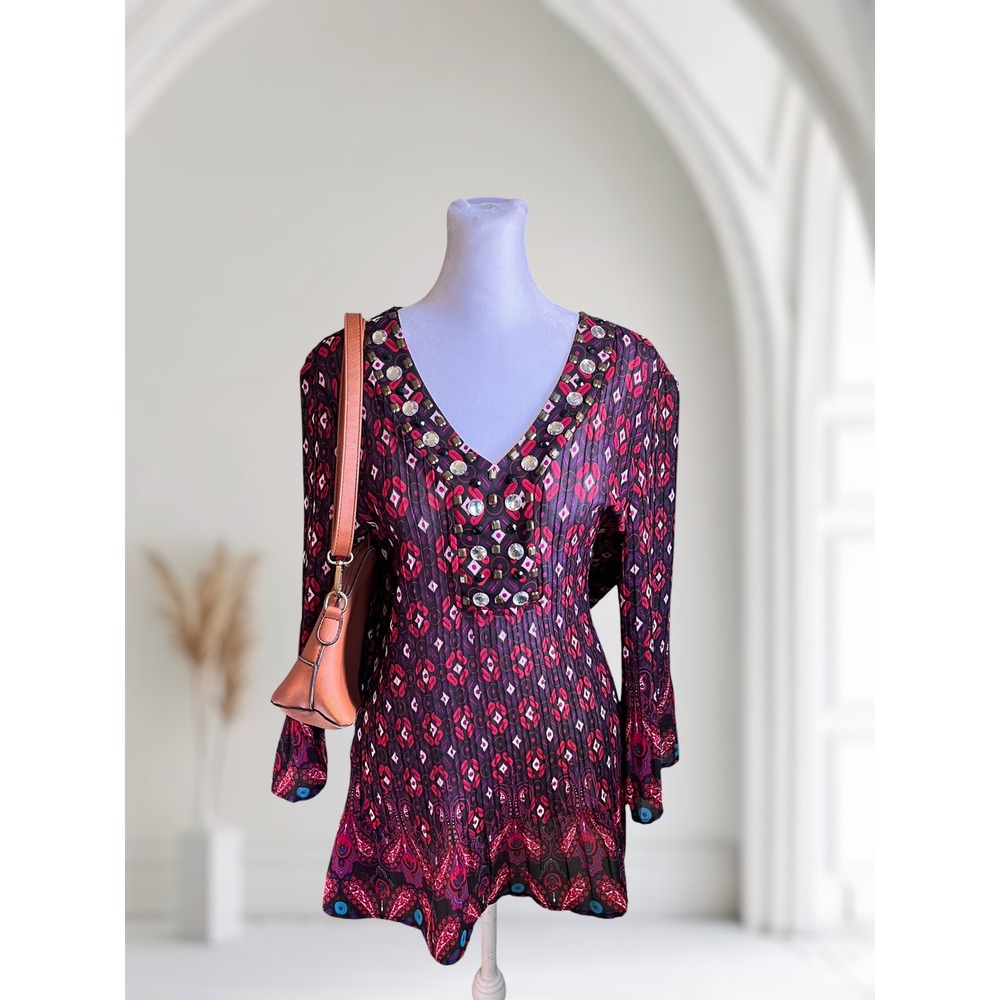 Fashion Bug Rhinestone Embellished Pleated Tunic V-Neck Top Size XL